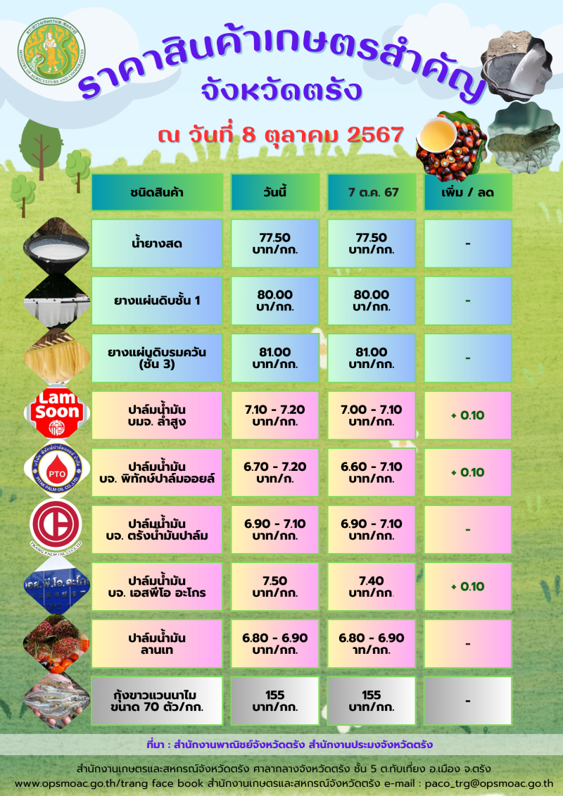 ราคาสินค้าเกษตรสำคัญ จังหวัดตรัง ณ วันที่ 8 ต.ค.67