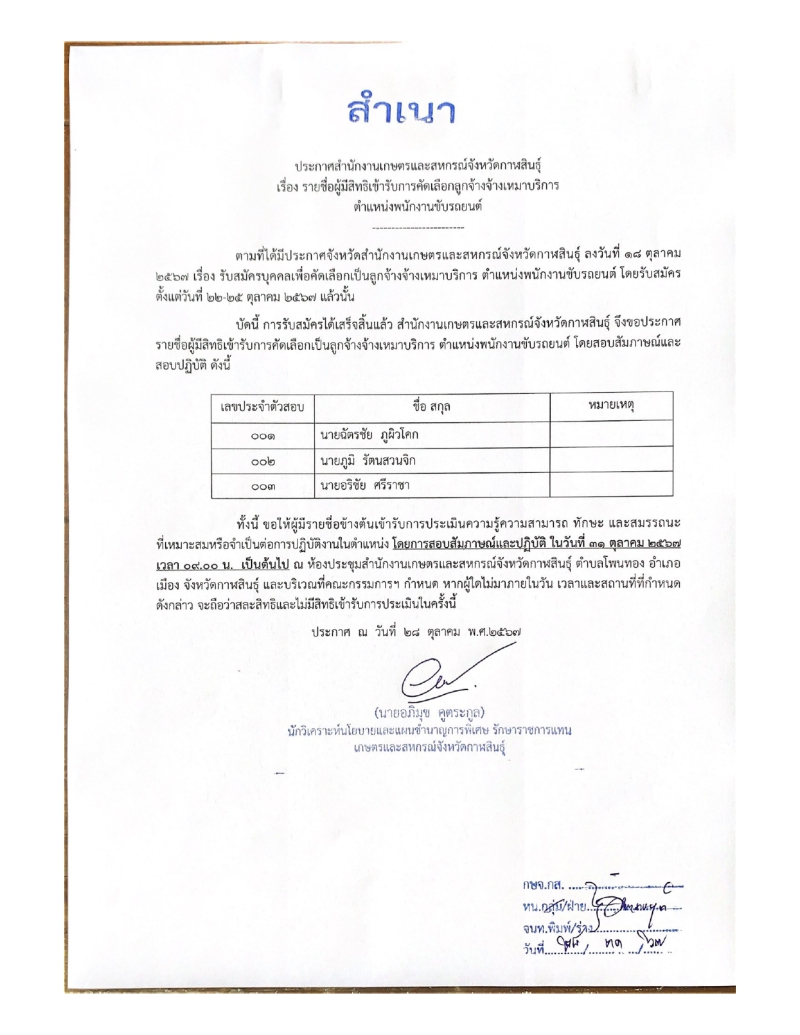 รายชื่อผู้มีสิทธิเข้ารับการคัดเลือกลูกจ้างจ้างเหมาบริการ