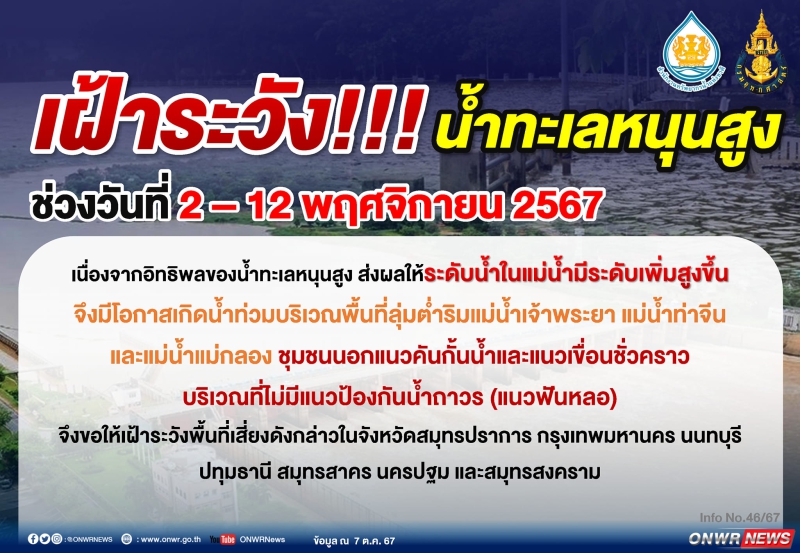 เฝ้าระวัง น้ำทะเลหนุนสูง ช่วงวันที่ 2 - 12 พฤศจิกายน 2567