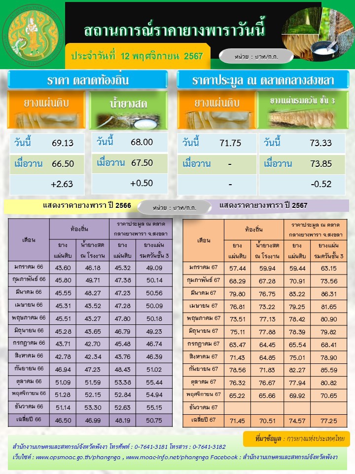 สถานการณ์ราคายางพารา ประจำวันที่ 12 พฤศจิกายน 2567