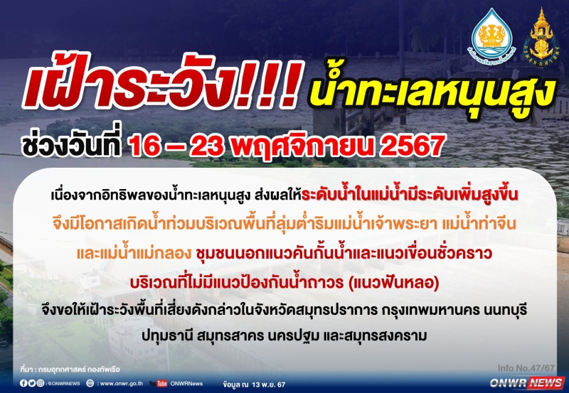 เฝ้าระวัง!!! น้ำทะเลหนุนสูง ช่วงวันที่ 16-23 พฤศจิกายน 2567