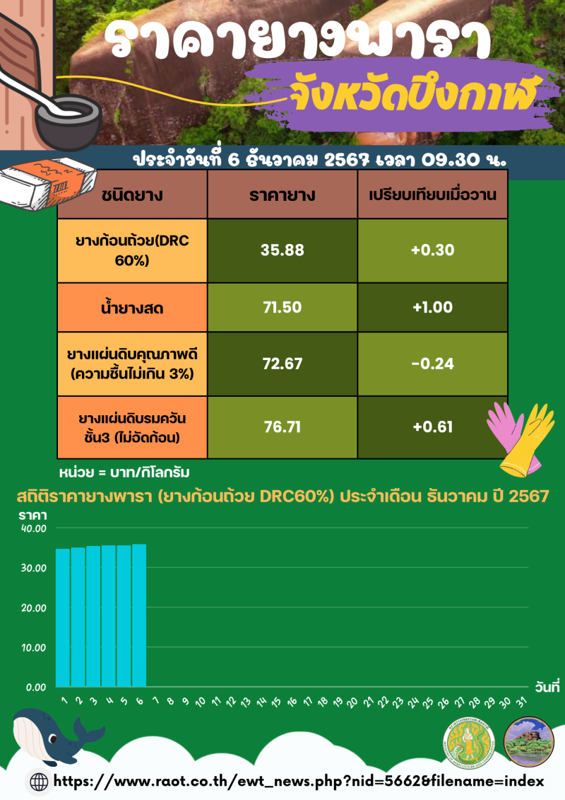 ราคายางพาราจังหวัดบึงกาฬ ประจำวันที่ 6 ธันวาคม 2567