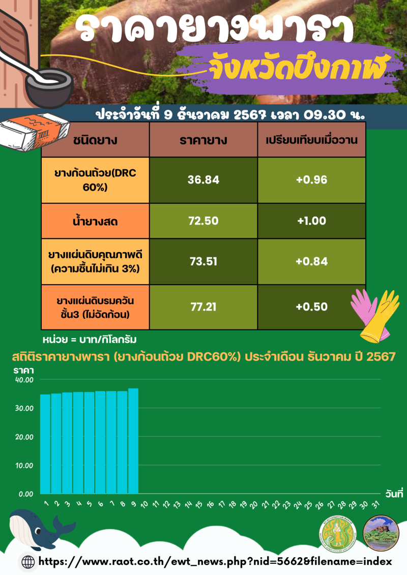 ราคายางพาราจังหวัดบึงกาฬ ประจำวันที่ 9 ธันวาคม 2567