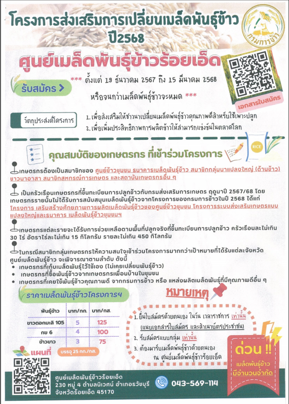 โครงการส่งเสริมการเปลี่ยนเมล็ดพันธุ์ข้าว ปี 2568