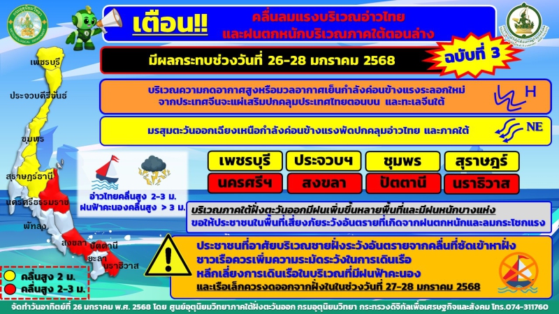 เตือน!!!คลื่นลมแรงบริเวณอ่าวไทยและฝนตกหนักบริเวณภาคใต้ตอนล่าง