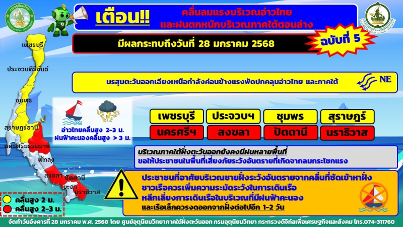 เตือน!!!คลื่นลมแรงบริเวณอ่าวไทยและฝนตกหนักบริเวณภาคใต้ตอนล่าง