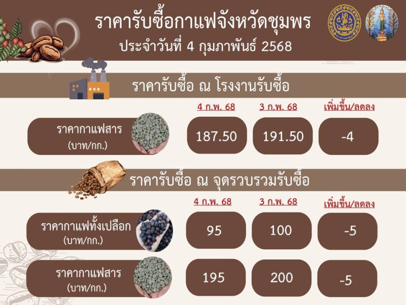 ราคารับซื้อกาแฟจังหวัดชุมพร วันที่ 4 กุมภาพันธ์ 2568