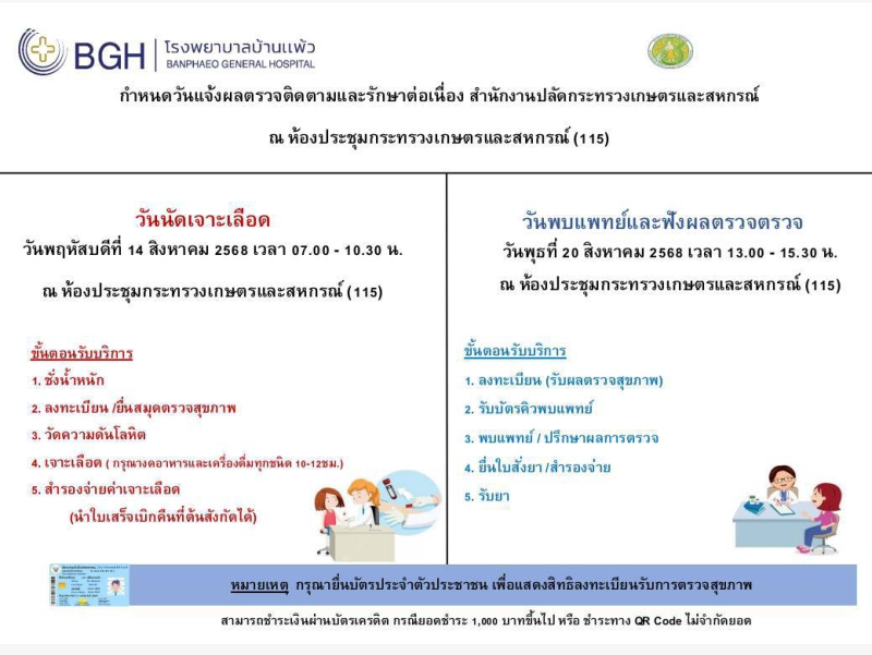 กำหนดวันแจ้งผลตรวจติดตามและรักษาต่อเนื่อง รพ.บ้านแพ้ว