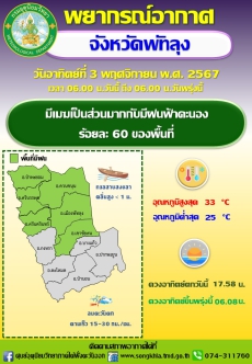 พยากรณ์อากาศจังหวัดพัทลุง ประจำวัน 3 พฤศจิกายน 2567