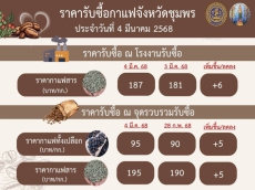 ราคารับซื้อกาแฟจังหวัดชุมพร ประจำวันที่ 4 มีนาคม 2568