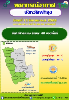 พยากรณ์อากาศจังหวัดพัทลุง ประจำวัน 13 สิงหาคม 2568