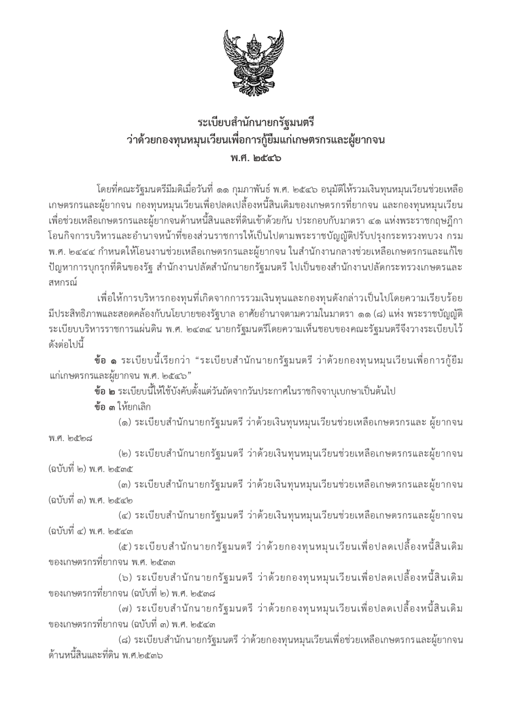 ระเบียบสำนักนายกรัฐมนตรีว่าด้วยกองทุนหมุนเวียนเพื่อการกู้ยืมแก่เกษตรกรและผู้ยากจน