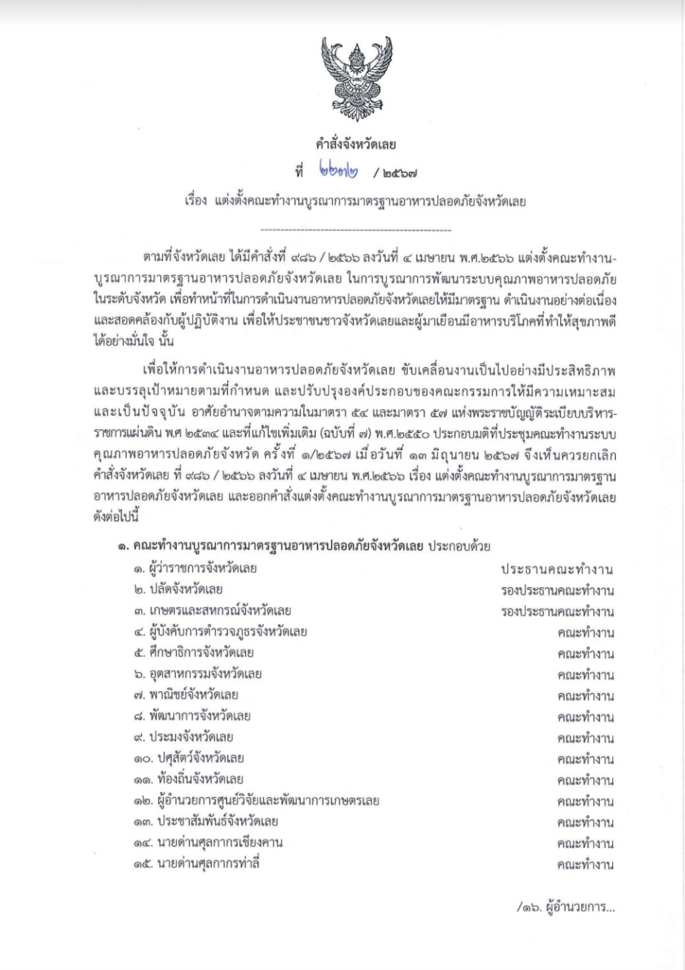 คำสั่งจังหวัดเลยที่2232/2567เรื่องแต่งตั้งคณะทำงานบูรณาการมาตรฐานอาหารปลอดภัยจังหวัดเลย