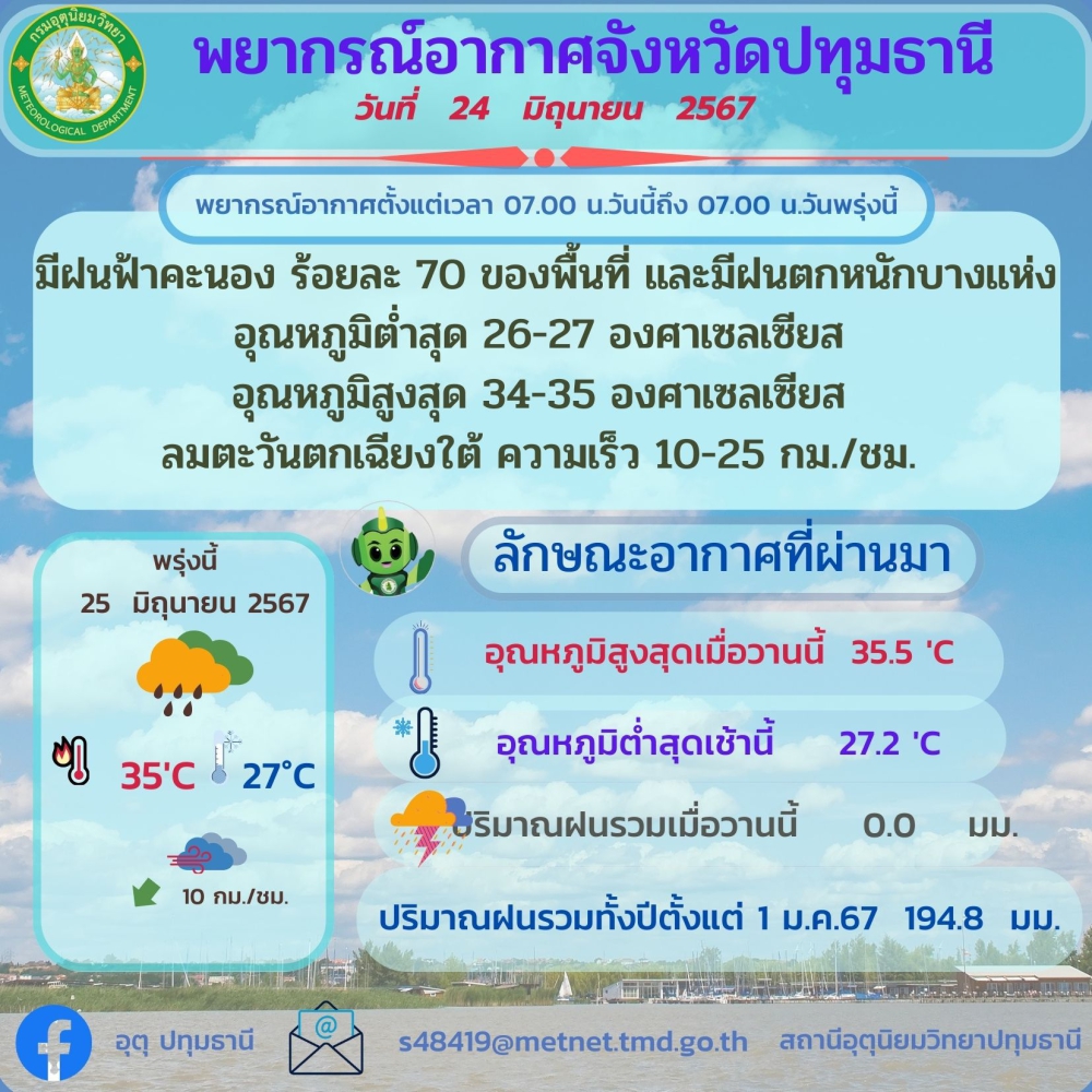 พยากรณ์อากาศจังหวัดปทุมธานี ประจำวันที่ 24 มิถุนายน 2567
