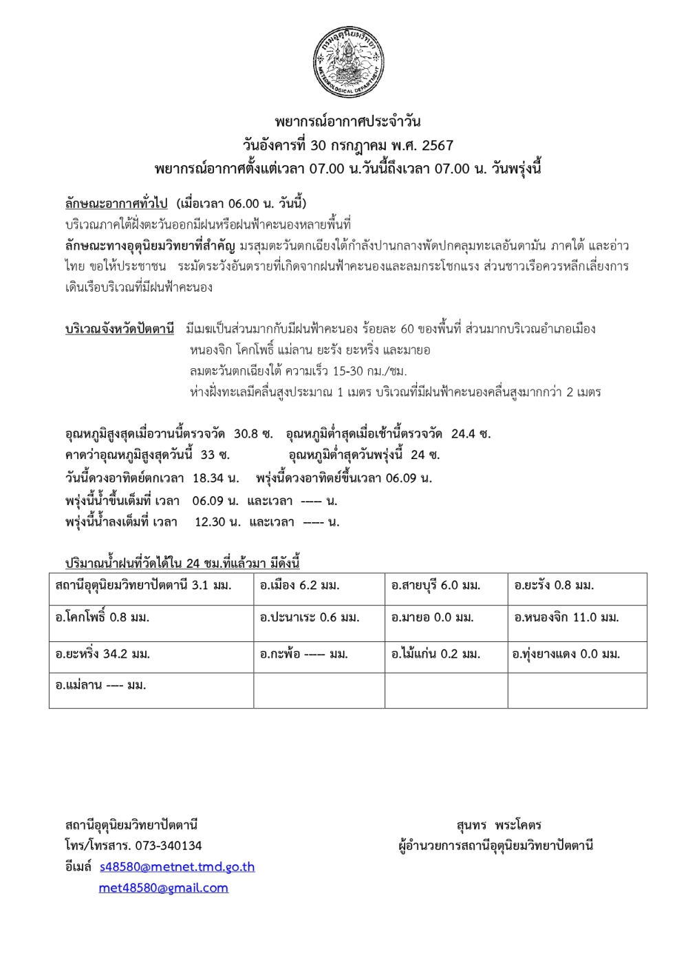 พยากรณ์อากาศประจำวัน วันอังคารที่ 30 กรกฎาคม พ.ศ. 2567