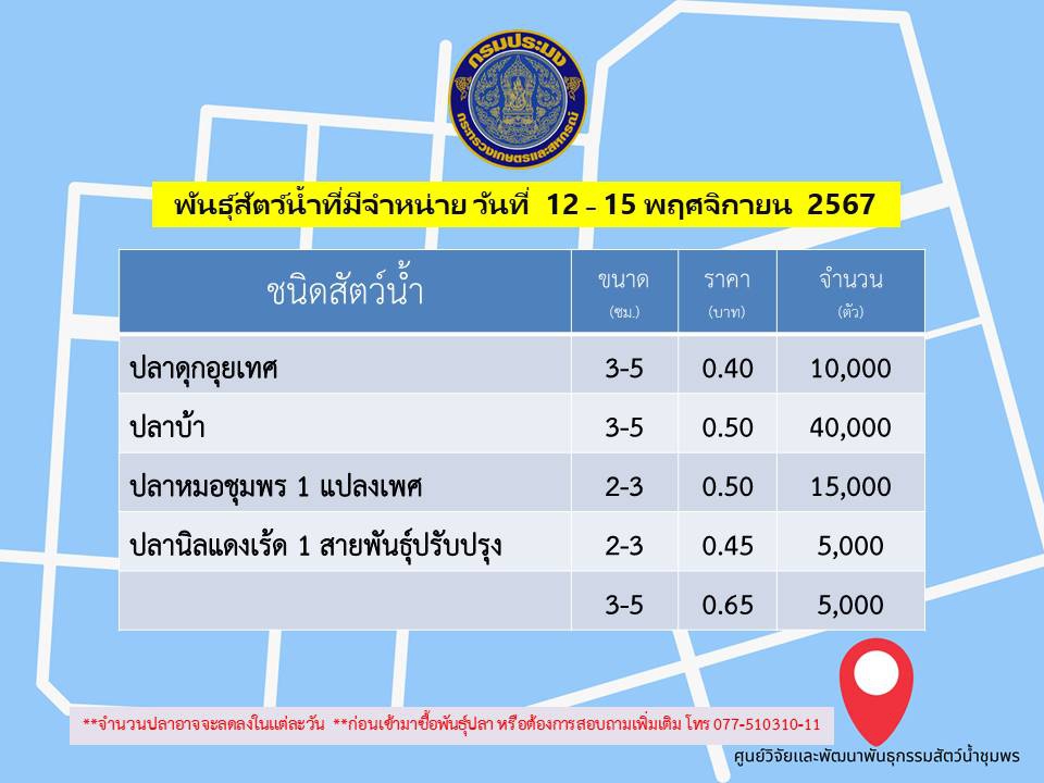 พันธุ์สัตว์น้ำที่มีจำหน่าย วันที่ 12 -15 พฤศจิกายน 2567