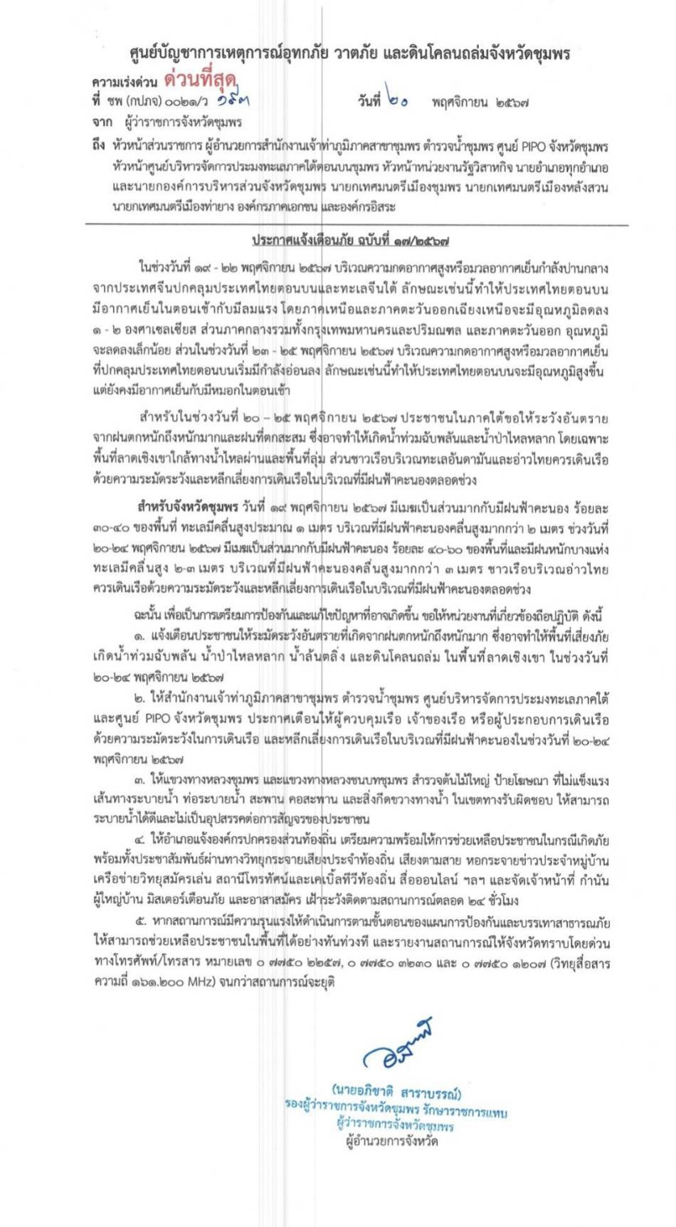 ประกาศเตือนภัยฉบับที่17/2567ลงวันที่20พฤศจิกายน