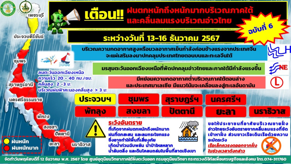 กรมอุตุฯเตือนฝนตกหนักถึงหนักมากบริเวณภาคใต้และคลื่นลมแรงบริเวณอ่าวไทย