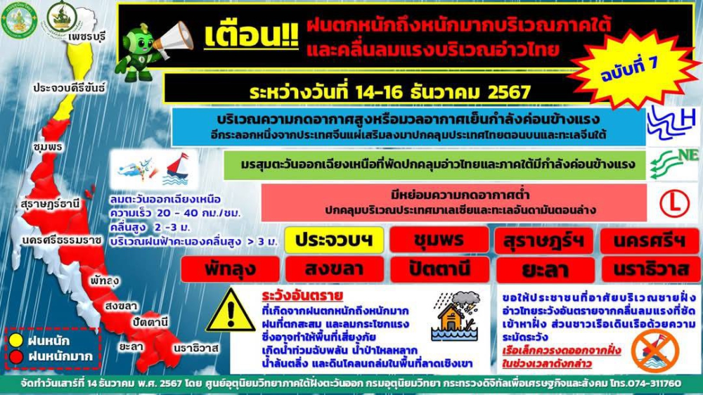 เตือน!!!ฝนตกหนักถึงหนักมากบริเวณภาคใต้และคลื่นลมแรงบริเวณอ่าวไทย