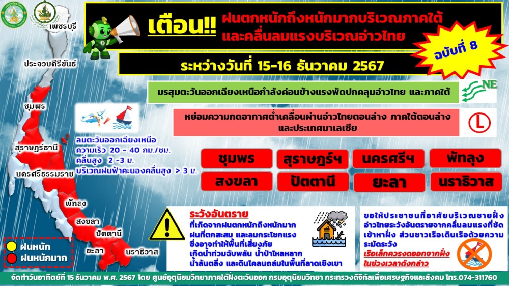 เตือน!!!ฝนตกหนักถึงหนักมากบริเวณภาคใต้และคลื่นลมแรงบริเวณอ่าวไทย