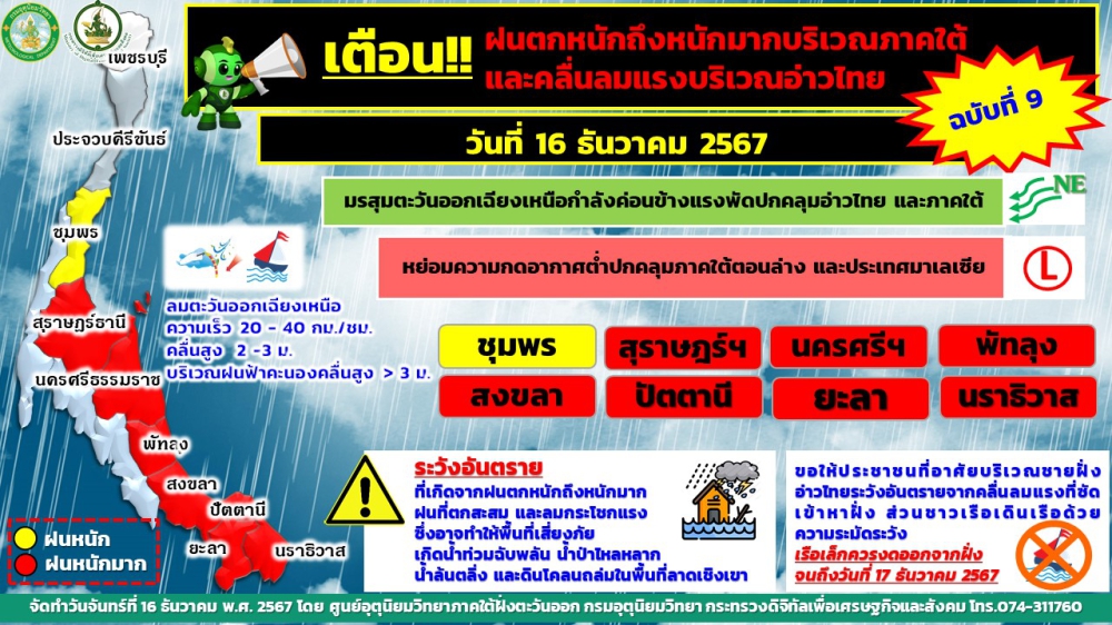 เตือน!!!ฝนตกหนักถึงหนักมากบริเวณภาคใต้และคลื่นลมแรงบริเวณอ่าวไทย