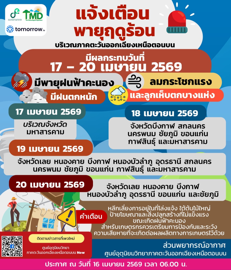แจ้งเตือนพายุฤดูร้อน ระหว่างวันที่ 17-20 เมษายน 2569