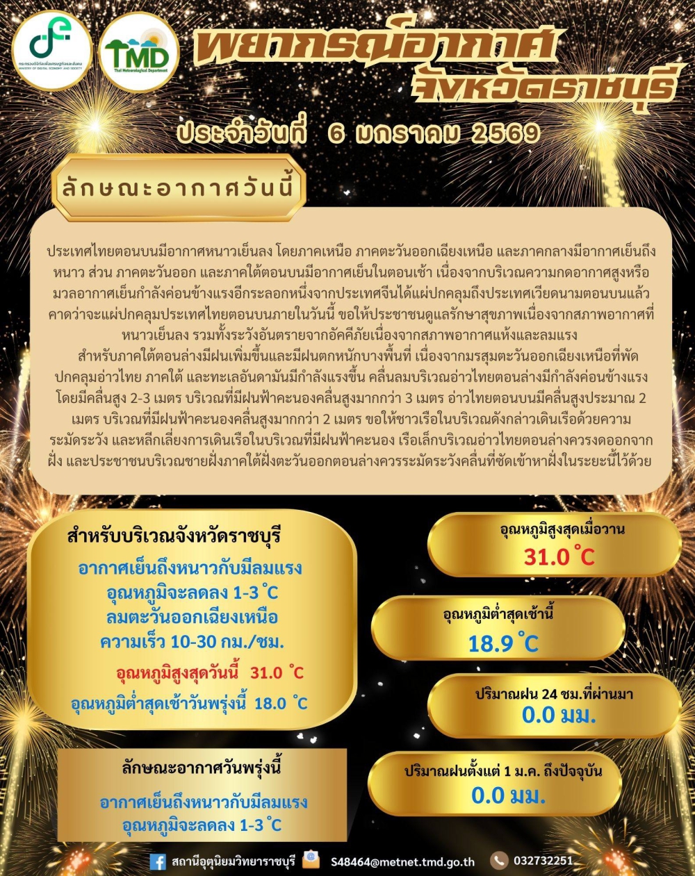 พยากรณ์อากาศ จังหวัดราชบุรี ประจำวันที่ 6 มกราคม 2569
