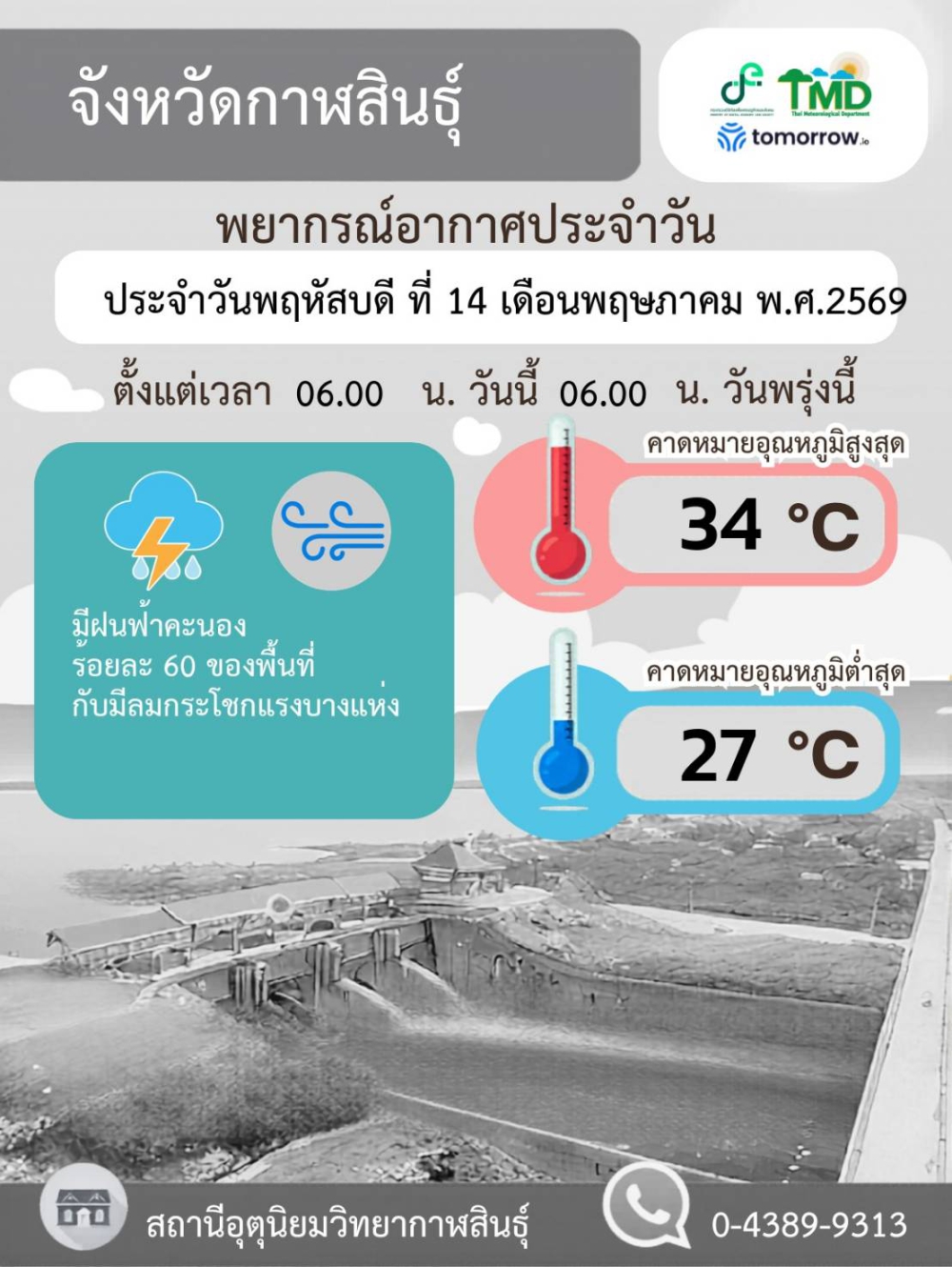 พยากรณ์อากาศจังหวัดกาฬสินธุ์ 14 พฤษภาคม 2569