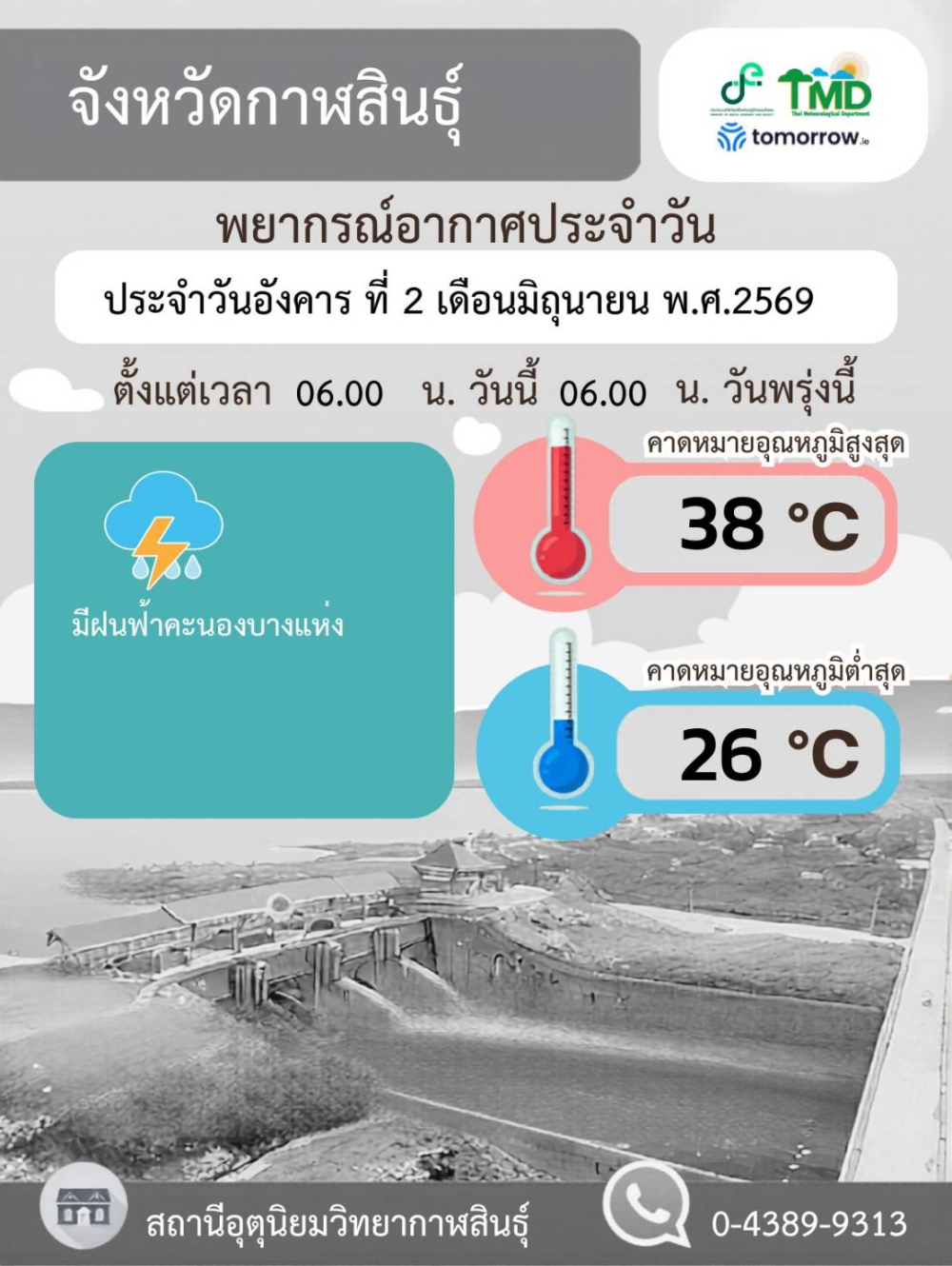 พยากรณ์อากาศจังหวัดกาฬสินธุ์ 2 มิถุนายน 2569