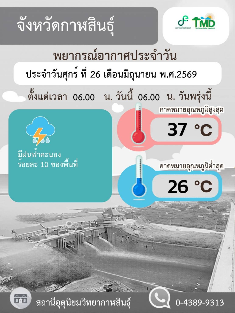 พยากรณ์อากาศจังหวัดกาฬสินธุ์ 26 มิถุนายน 2569